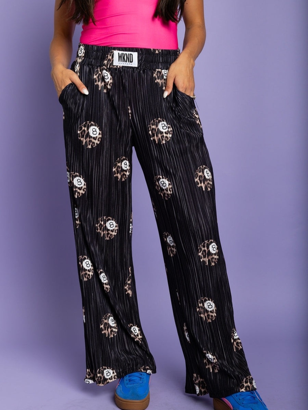 WKND Chasers Black Wide-Leg Printed Pants with Leopard 8 Balls Size Medium